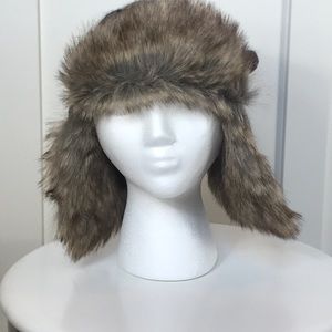 Free People faux fur hand knitted ear flap hat